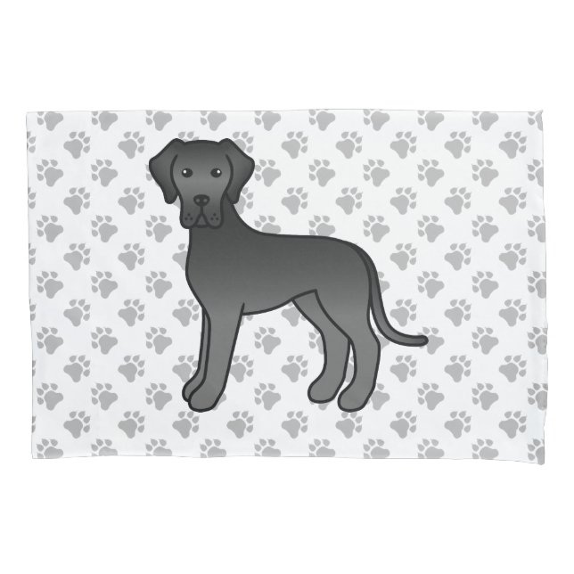 Black Great Dane Cute Cartoon Dog & Paws Pillow Case (Front)