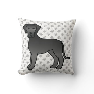 Black Great Dane Cute Cartoon Dog &amp; Paws Throw Pillow
