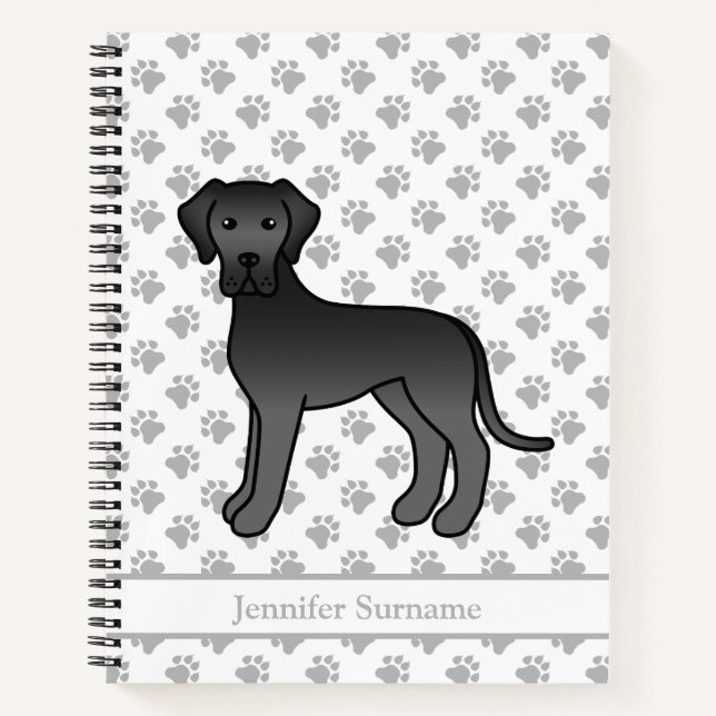 Black Great Dane Cute Cartoon Dog & Text Notebook (Front)