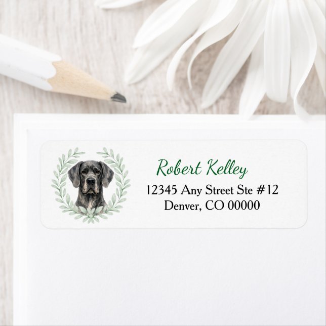 Black Great Dane Dog Eucalyptus Leaf Wreath Label (Insitu)