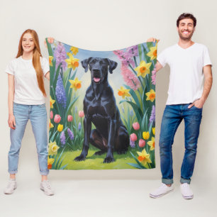 Black Great Dane Dog Spring Flowers Painting Fleece Blanket