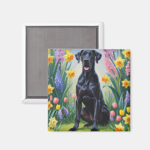 Black Great Dane Dog Spring Flowers Painting Magnet