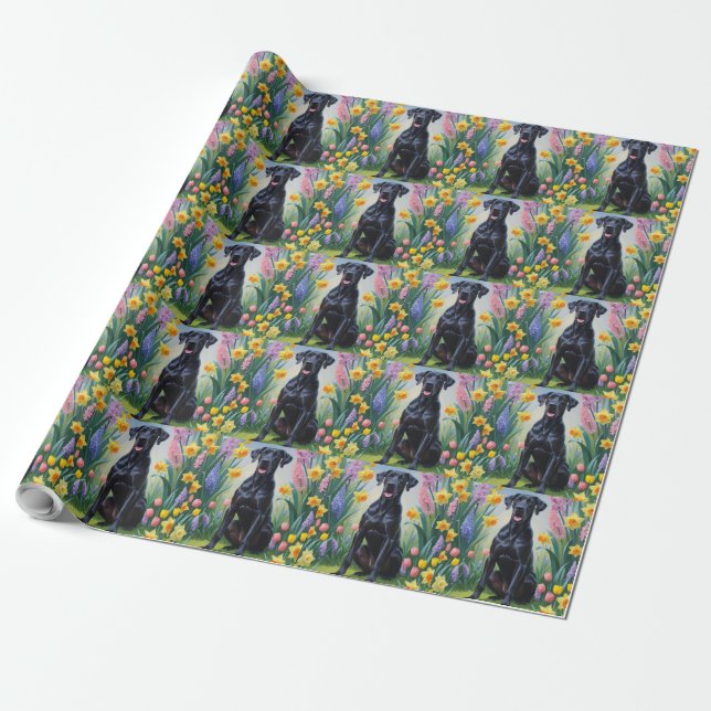 Black Great Dane Dog Spring Flowers Painting Wrapping Paper (Unrolled)