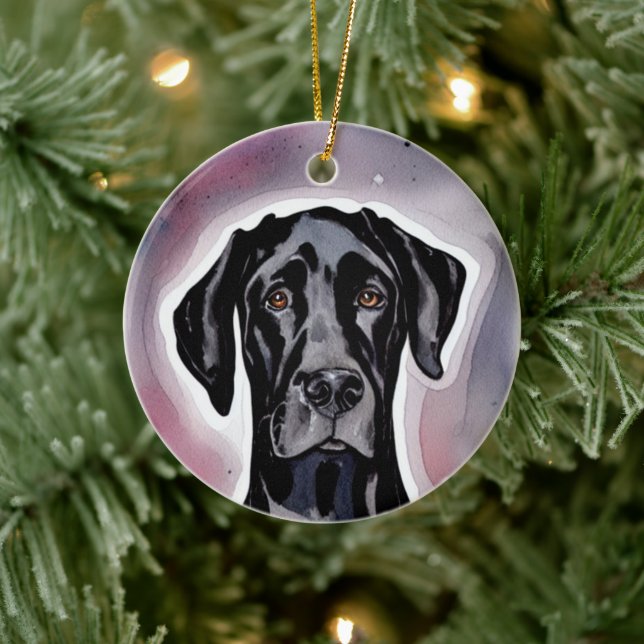Black Great Dane Watercolor Art Ceramic Ornament (Tree)