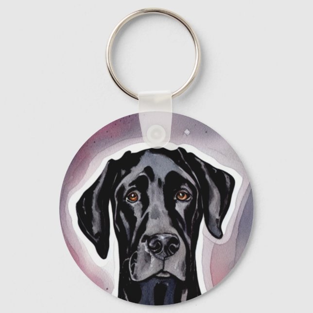Black Great Dane Watercolor Art Keychain (Front)