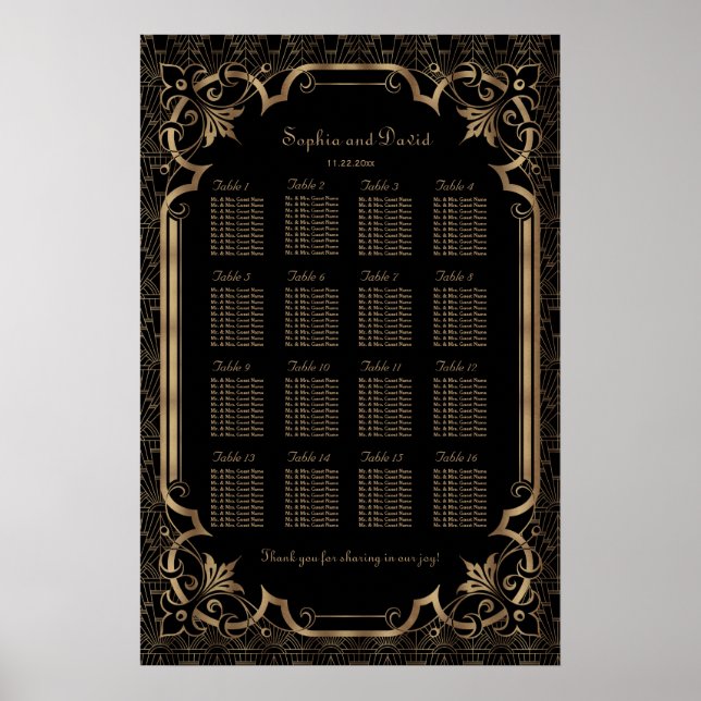 Black Great Gatsby Art Deco 1920s Seating Chart (Front)
