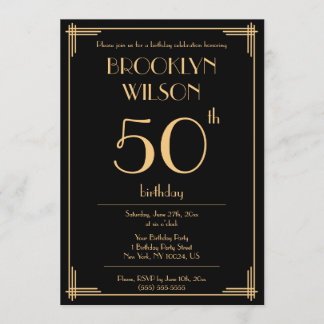 Black Great Gatsby Art Deco Birthday Party Invites