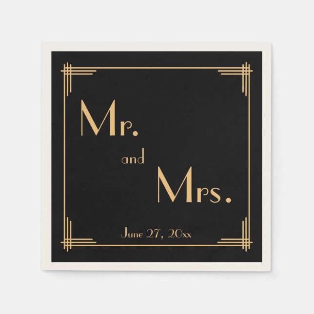 Black Great Gatsby Art Deco Ecru Wedding Napkins (Front)