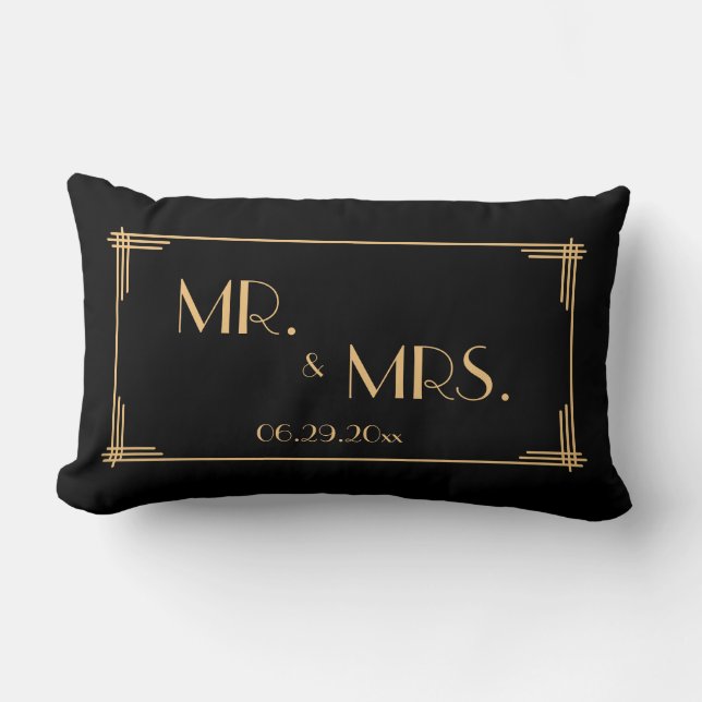 Black Great Gatsby Art Deco Lumbar Wedding Pillows (Front)
