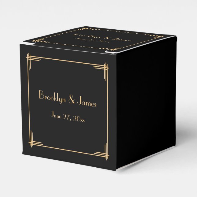 Black Great Gatsby Art Deco Wedding Favor Boxes (Front Side)