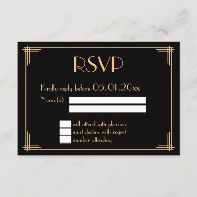 Black Great Gatsby Art Deco Wedding RSVP Card