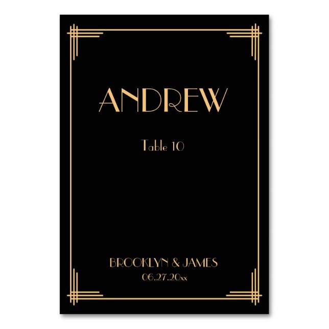 Black Great Gatsby Art Deco Wedding Table Cards (Front)