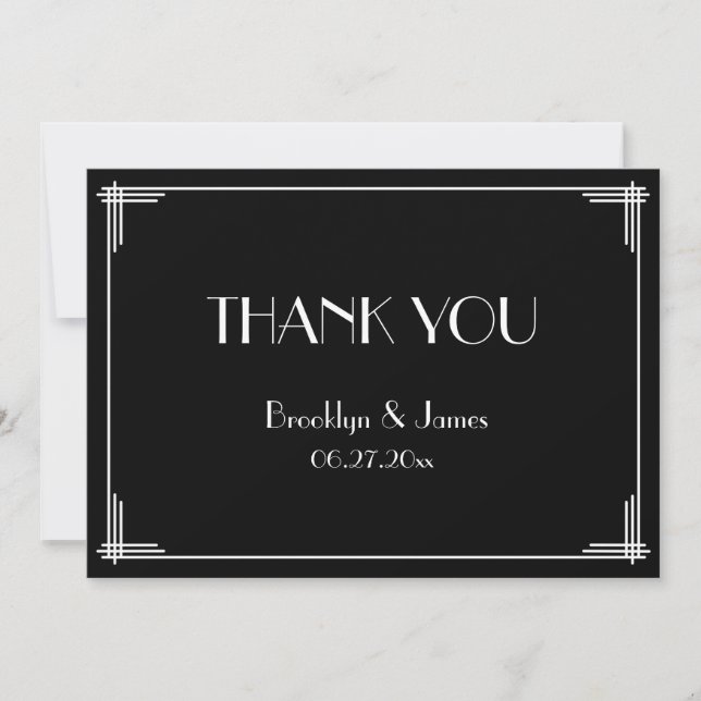 Black Great Gatsby Art Deco Wedding Thank You Card (Front)