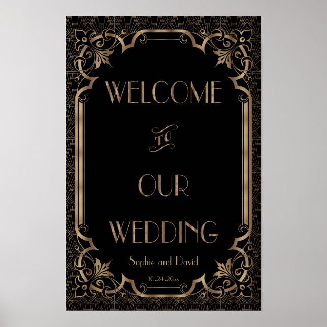 Black Great Gatsby Art Deco Wedding Welcome Sign (Front)