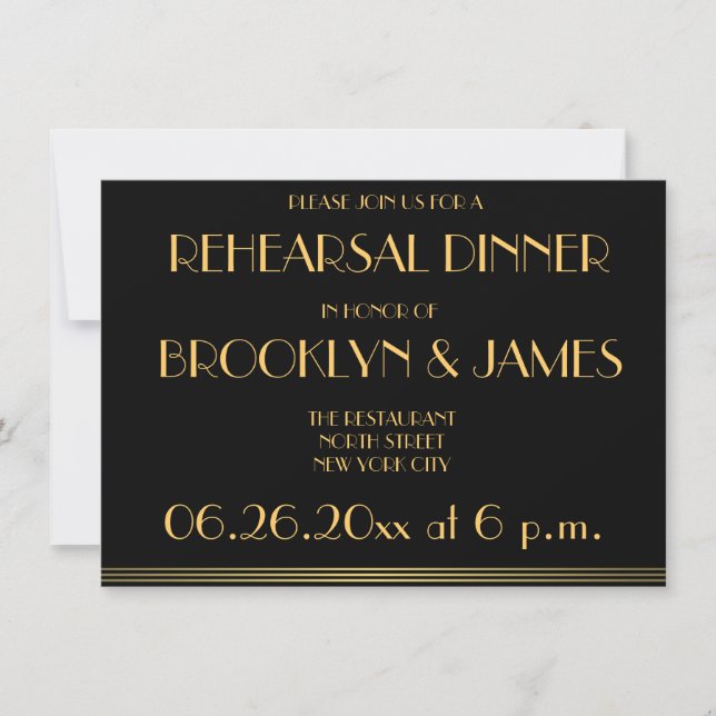 Black Great Gatsby Wedding Rehearsal Invitations (Front)