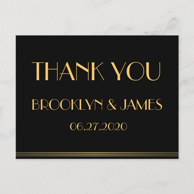 Black Great Gatsby Wedding Thank You Postcards (Front)