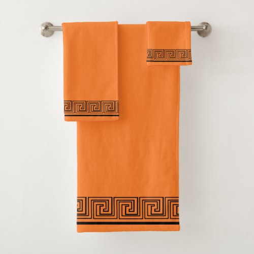 Black Grecian Frieze Design Orange Bath Towel Set