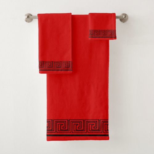 Black Grecian Frieze Design Red Bath Towel Set