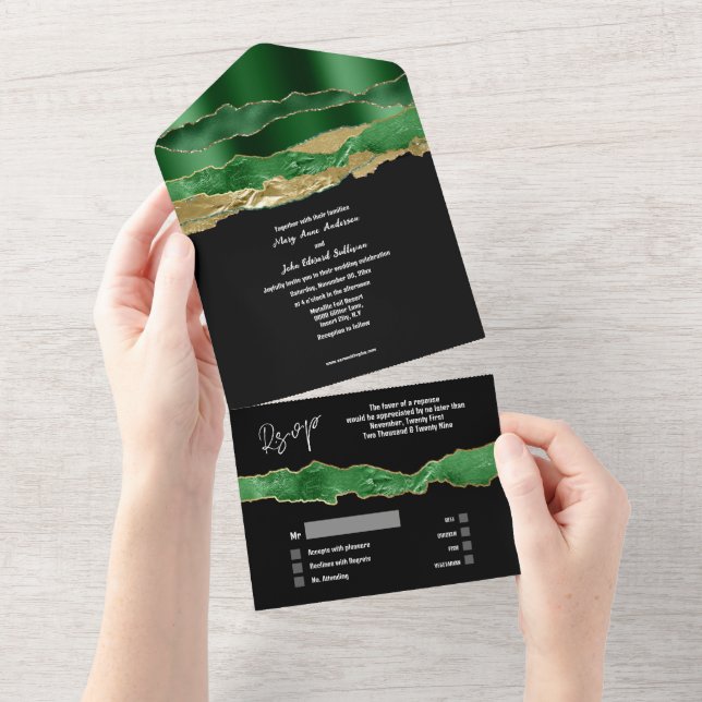  Black gree glitter marble elegant shimmer wedding All In One Invitation (Tearaway)