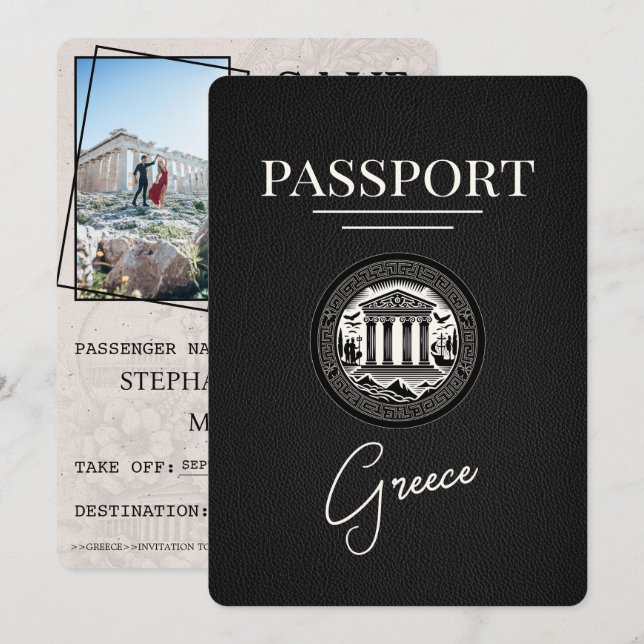 Black Greece Passport Save the Date Card (Front/Back)