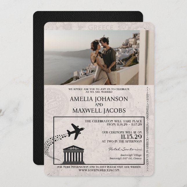 Black Greece Passport Wedding Invitation (Front/Back)