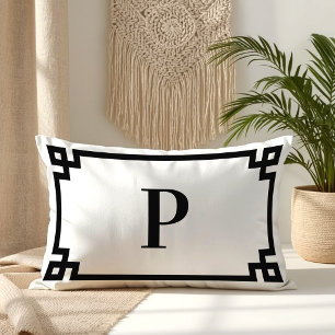 Black Greek Key Border Monogram Lumbar Pillow