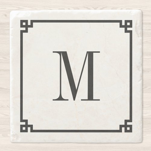 Black Greek Key Border Monogram Stone Coaster