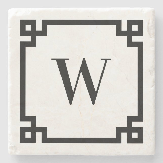 Black Greek Key Border Monogram Stone Coaster (Front)