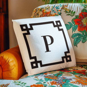 Black Greek Key Border Monogrammed Throw Pillow