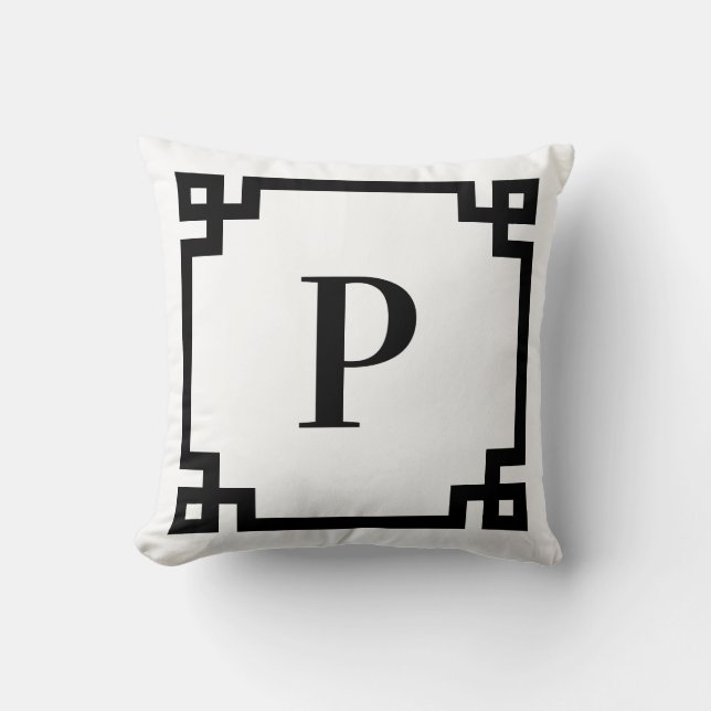 Black Greek Key Border Monogrammed Throw Pillow (Front)