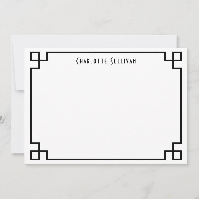 Black Greek Key Border Personalized Stationery Note Card (Front)