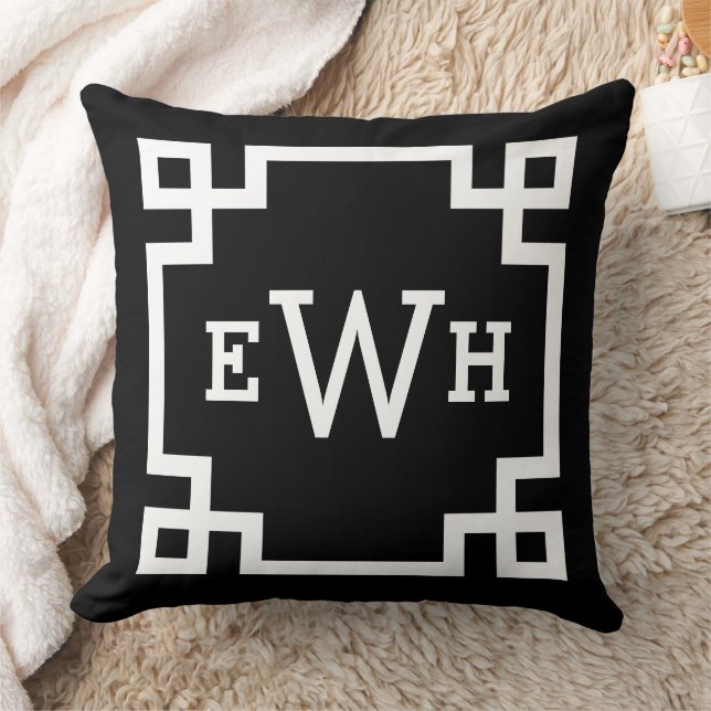 Black Greek Key Custom Monogram Initials Throw Pillow (Blanket)