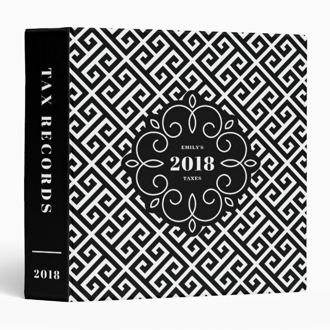 Black Greek Key Pattern Personalized 2018 Tax Binder (Front/Spine)