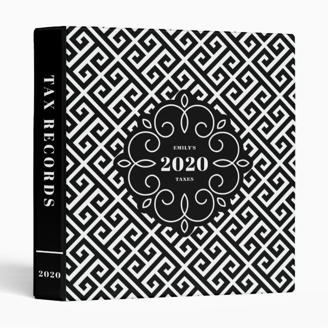 Black Greek Key Pattern Personalized 2020 Tax 3 Ring Binder (Front/Spine)