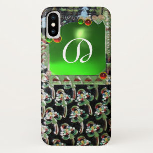 BLACK GREEN ART NOUVEAU GEMSTONE MONOGRAM Emerald iPhone X Case