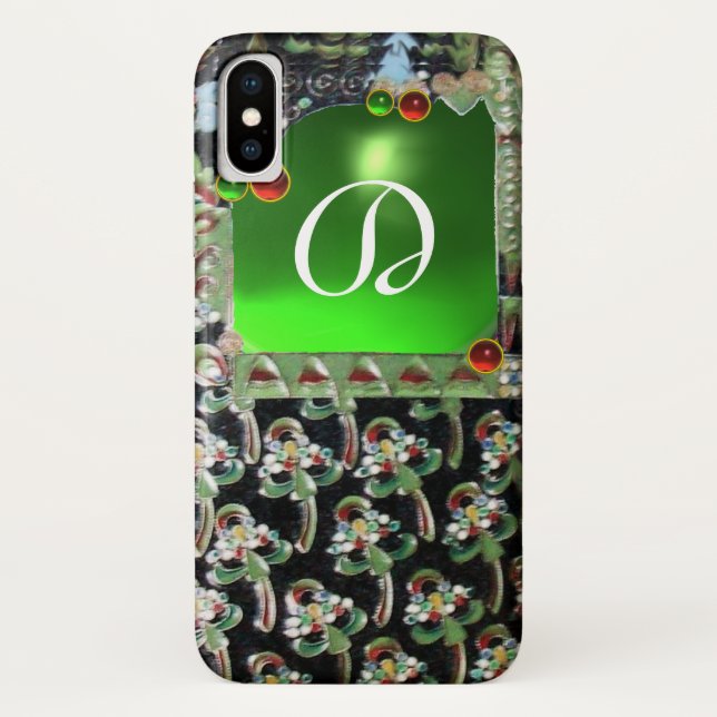BLACK GREEN  ART NOUVEAU GEMSTONE MONOGRAM Emerald Case-Mate iPhone Case (Back)