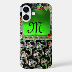 BLACK GREEN ART NOUVEAU GEMSTONE MONOGRAM Emerald iPhone 16 Case
