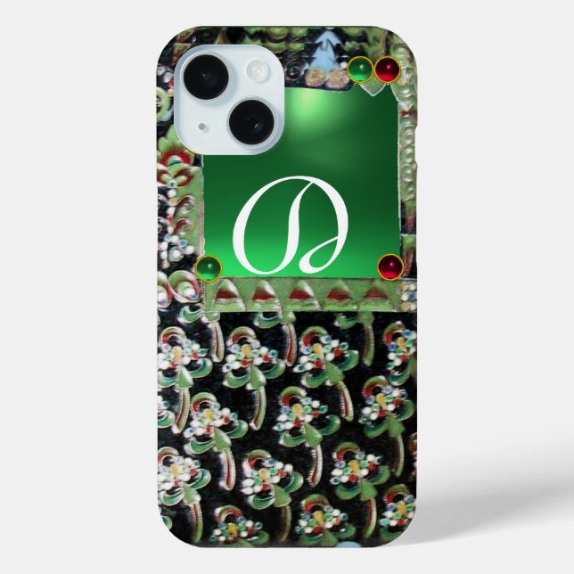 BLACK GREEN ART NOUVEAU GEMSTONE MONOGRAM, Jade Case-Mate iPhone Case (Back)