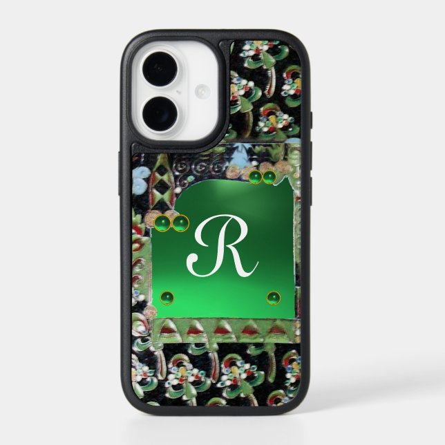BLACK GREEN ART NOUVEAU GEMSTONE MONOGRAM, Jade iP Otterbox iPhone Case (Back)