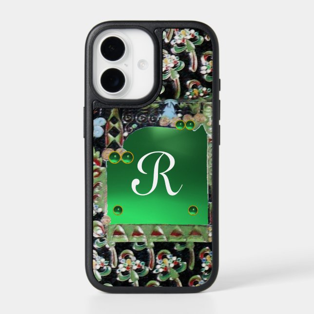 BLACK GREEN ART NOUVEAU GEMSTONE MONOGRAM, Jade iP Otterbox iPhone Case (Back)