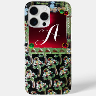 BLACK GREEN ART NOUVEAU GEMSTONE MONOGRAM,Red Ruby iPhone 15 Pro Max Case