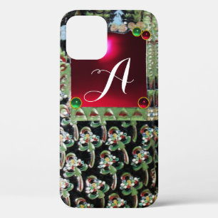 BLACK GREEN ART NOUVEAU GEMSTONE MONOGRAM,Red Ruby iPhone 12 Case