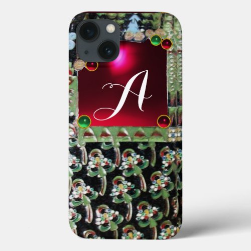 BLACK GREEN ART NOUVEAU GEMSTONE MONOGRAMRed Ruby iPhone 13 Case