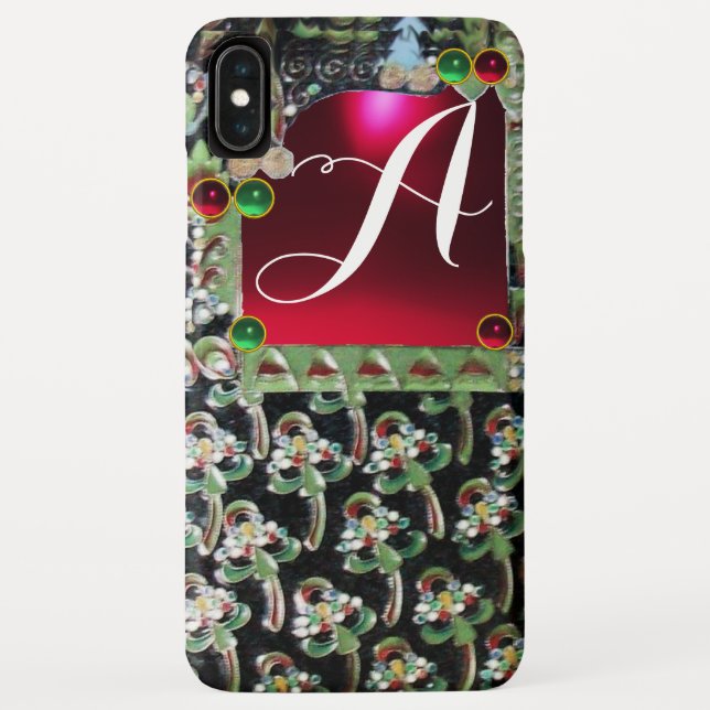 BLACK GREEN ART NOUVEAU GEMSTONE MONOGRAM,Red Ruby Case-Mate iPhone Case (Back)