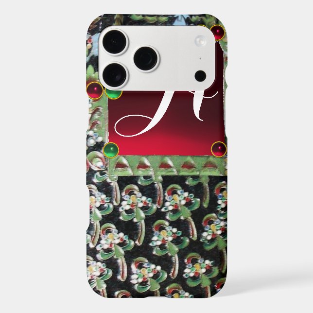 BLACK GREEN ART NOUVEAU GEMSTONE MONOGRAM,Red Ruby Iphone Case (Back)