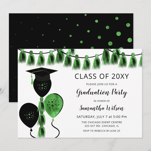 Black Green Balloons Grad Hat Graduation Party Invitation (Front/Back)