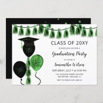 Black Green Balloons Grad Hat Graduation Party Invitation