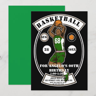 Black Green Basketball Birthday Party Invites