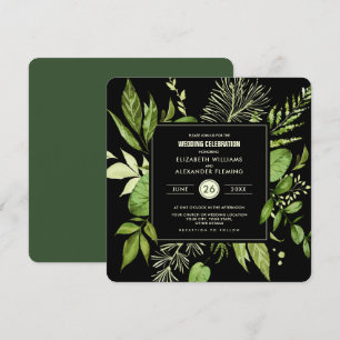Black Green Botanical Watercolor Wedding Invitation