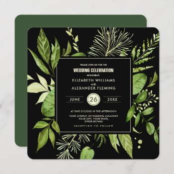Black Green Botanical Watercolor Wedding Invitation by YourWeddingDay at Zazzle